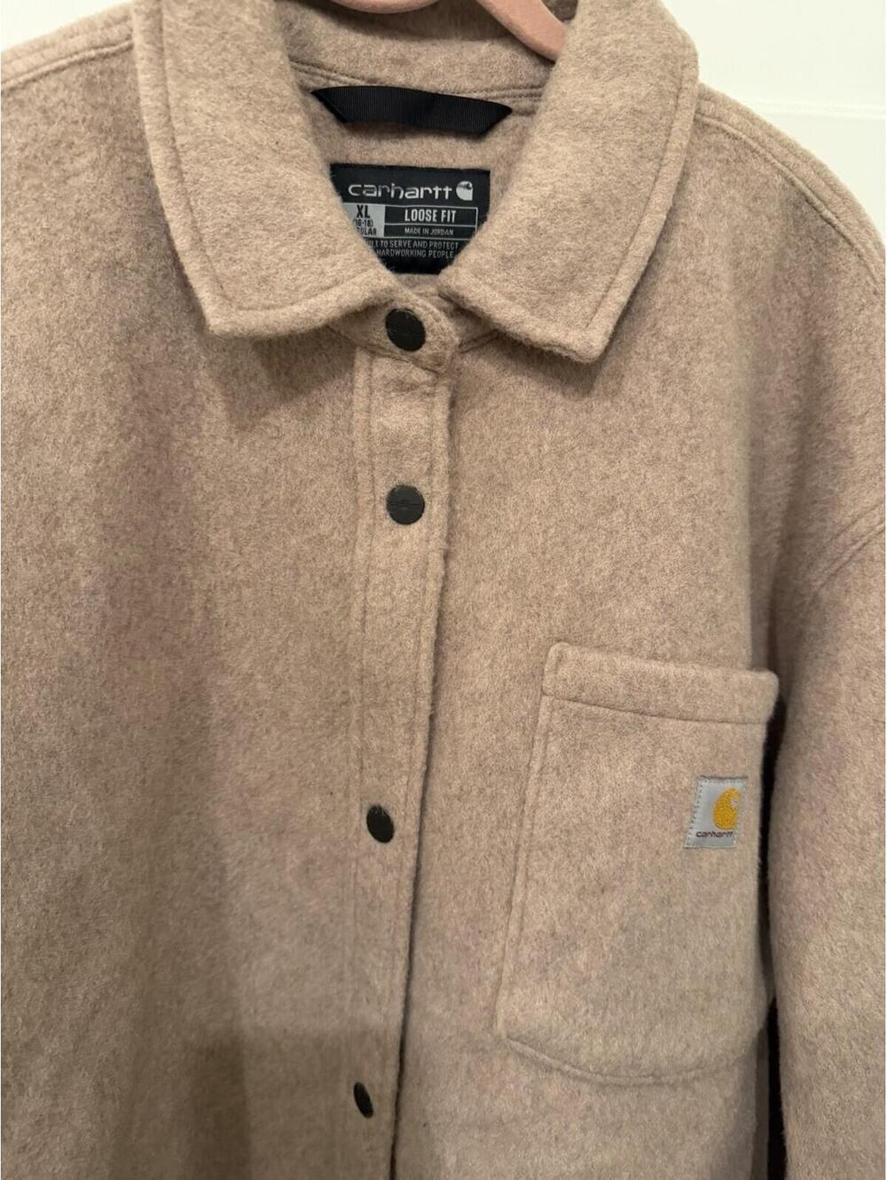 Carhartt Women’s XL Loose Fit Fleece Shacket Dusty Rose Pink Taupe Snap Jacket - Picture 8 of 8